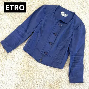 ETRO 에트로 노카라 자켓 헴프 린넨 로고 지퍼 네이비 40