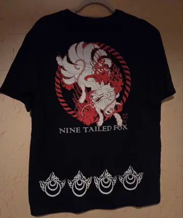 일본풍 패턴 백 프린트 T셔츠 구미호 여우 빅 사이즈 XL 블랙 반팔