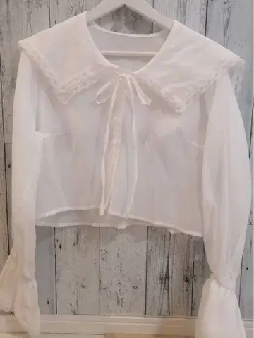 화이트 레이스 옷깃 플레어 소매 블라우스