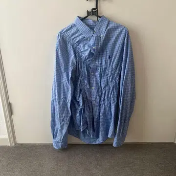 noill 파랑 체크 무늬 플리츠 디자인 긴팔 셔츠