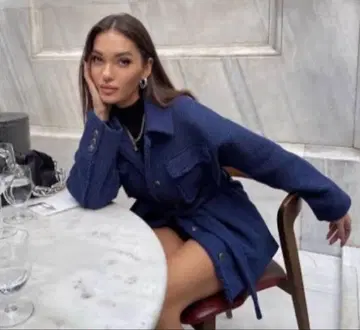 ZARA 벨트 포함 트위드 자켓 블루