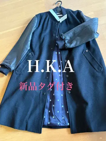 택 포함 새상품 H.A.K 가죽 소매 캐시미어 코트 블랙