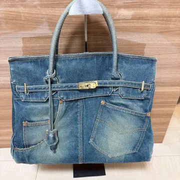 핸드메이드 데님 리메이크 핸드백 토트백 금장 장식 레오파드 표범 무늬