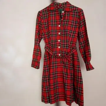 빨간색 체크 무늬 긴팔 원피스 벨트 포함 사이즈 S