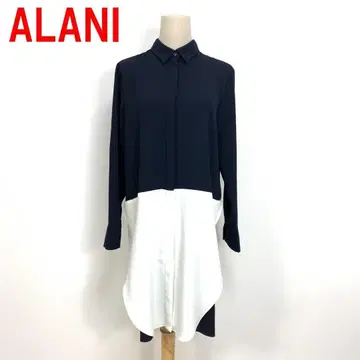 A6516 아라니 셔츠 원피스 긴팔 롱 바이컬러 네이비 화이트 M