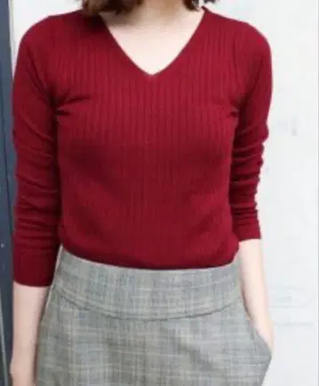 SLOBE IENA 버건디 V넥 리브 니트 스웨터 보르도 레드 울