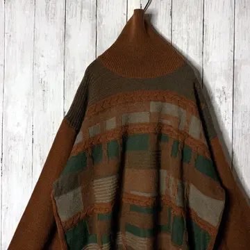 구제 의류 일본제 케이블 디자인 니트 브라운 멀티 컬러 빅 루즈 L