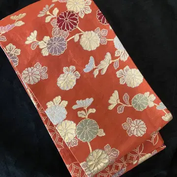 니시진 금채 은채 꽃 문양 리버서블 감색 반폭 오비