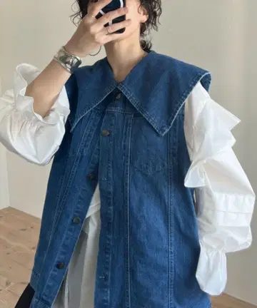 wee9s 빈티지풍 데님 블루 빅 칼라 베스트