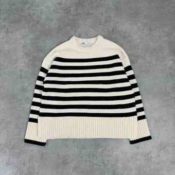 ZARA 보더 니트 S 아이보리 박스 실루엣 크루넥
