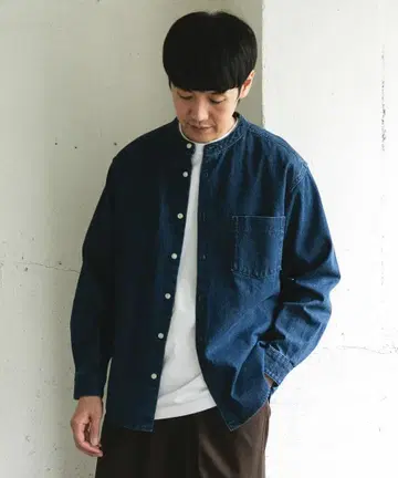 데님 밴드 카라 셔츠