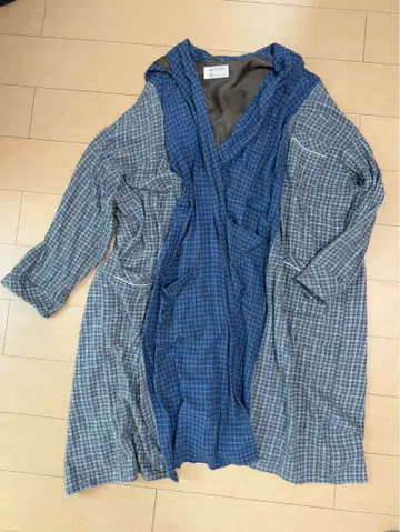 77circa 후드 부착 체크 무늬 롱 원피스 프론트 오픈