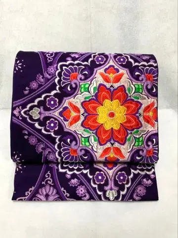 보라색 꽃무늬 자수 순수 실크 후쿠로 오비 육통 니시진 비단