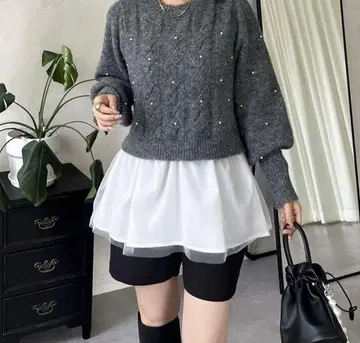 2way 케이블 펄 튤 페플럼 니트