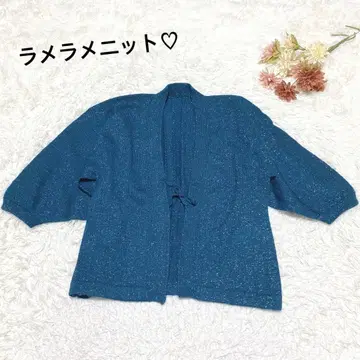 s.2164 라메 믹스 니트 가디건 벌룬 소매 청록색 사뮤에 스타일