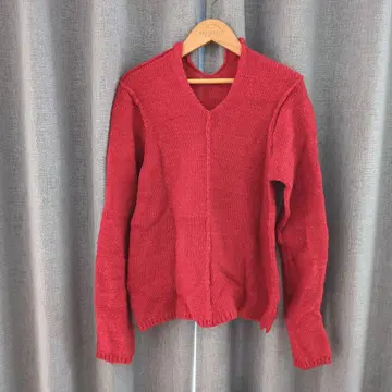 45rpm 울 V넥 빨간색 긴팔 니트 스웨터