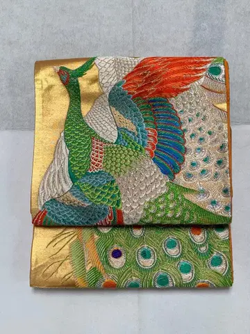 인테리어에도 공작 자수 후쿠로 오비 순수 실크 골드 컬러