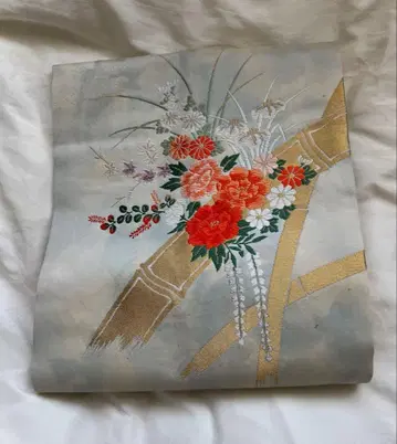 [ 새상품 ] 나고야 오비 꽃 자수 크림색 미사용