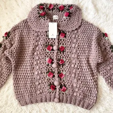 택 포함 merry jeny 크로셰 가디건 장미 모티브 핑크 보라색