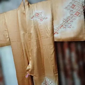 오렌지 순수 실크 호몬기 츠케사게 기하학 패턴 새상품급!!