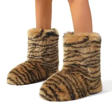 타이거 패턴 퍼 부츠 애니멀 퍼 부츠