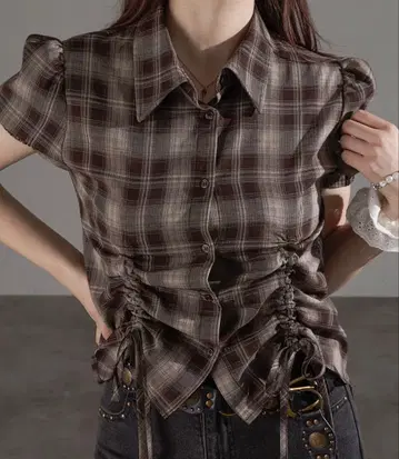 apres jour mignon 드로스트 리본 퍼프 셔츠 브라운