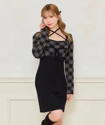 apres jour 크로스 리본 니트 미니 원피스