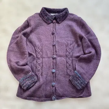 퍼플 케이블 짜임 긴팔 가디건 손뜨개질