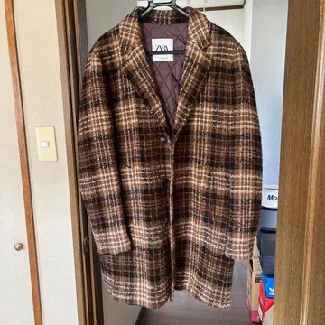 ZARA 남성용 브라운 계열 체크 체스터 코트