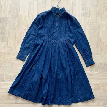 로라 애슐리 데님 원피스 핀턱 리본 긴팔