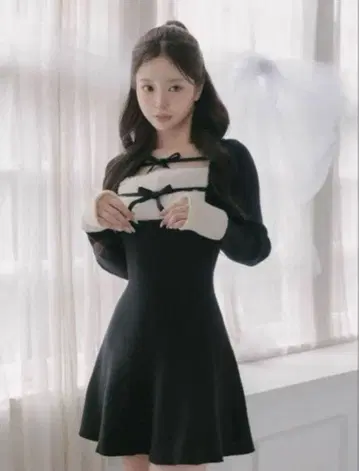 Darich 리본 퍼 플레어 니트 미니 원피스 FL