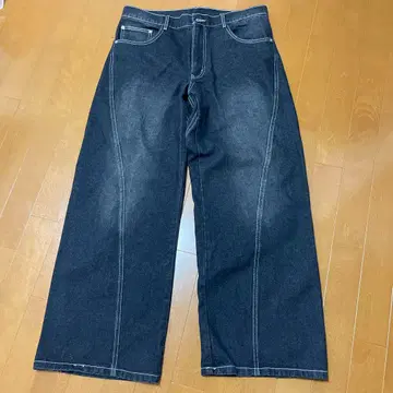 다크 블루 데님 와이드 레그 팬츠