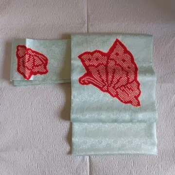 나고야 오비 연한 녹색 (연한 민트) 나비 문양 염색