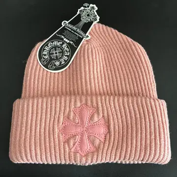 핑크 니트 모자 크로스 모티브 부착 크롬 비니 크로스