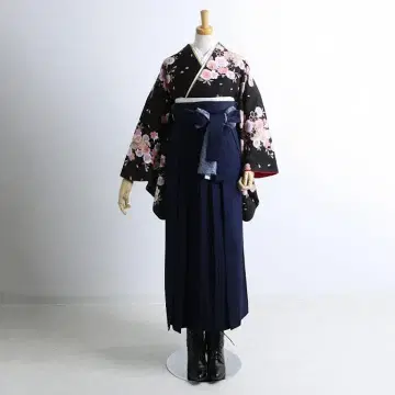 졸업 하카마 니샤쿠소데 기모노 단품 블랙 계열 작은 벚꽃 패턴 완성품