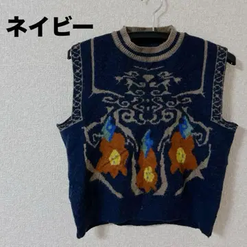 하나뿐인 꽃무늬 자수 니트 베스트 네이비 여성용 캐주얼 가을 옷