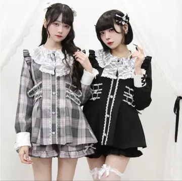 dearmylove 레이스 리본 옷깃 프릴 허리 하트 버클 셋업