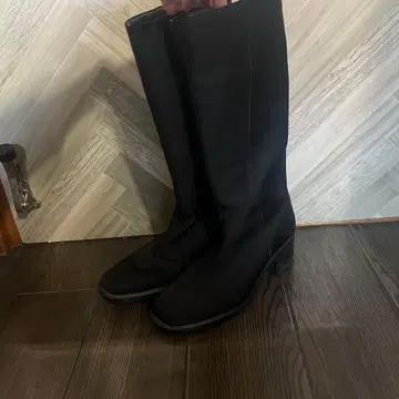 블랙 롱 부츠 낮은 힐 23cm