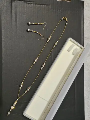 키타이치 유리 펄 비즈 목걸이 귀찌 세트