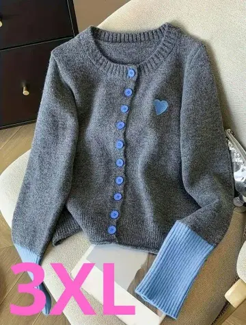 귀여운 T 그레이 하트 자수 가디건 3XL 빅 사이즈 오샤레