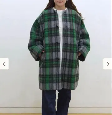 빔즈 보이 슬라이버 체크 노카라 코트 빔즈 그린