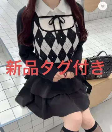 택 포함 새상품 에블린 옷깃 비쥬 니트 블랙 체크