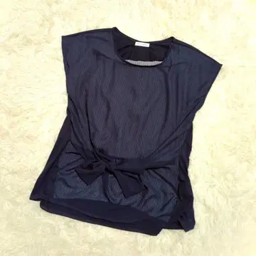 a.v.v 스트라이프 상의 티셔츠(S) 네이비 절개 프렌치 슬리브