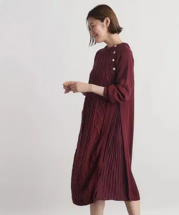 grove 케이블 사이드 플리츠 니트 원피스 보르도 3L