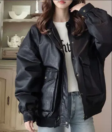 페이크 레더 빈티지 오버 사이즈 블루종