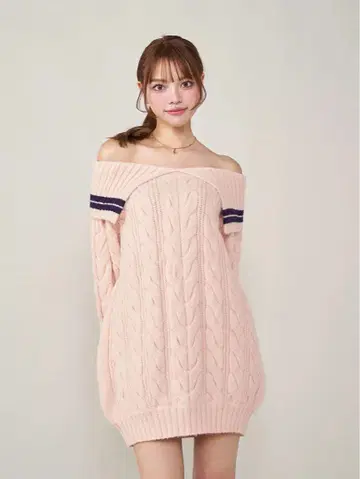 Darich 다리치 오프숄더 라인 니트 미니 원피스 핑크