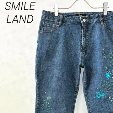 SMILE LAND 데님 팬츠 앵클 기장 꽃무늬 자수 포켓 부착 빅