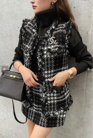 sheller Jewel 트위드 프린지 베스트 체크 셰리에