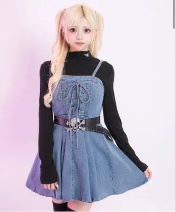 유메텐보 코르셋풍 레이스업 베어 데님 원피스