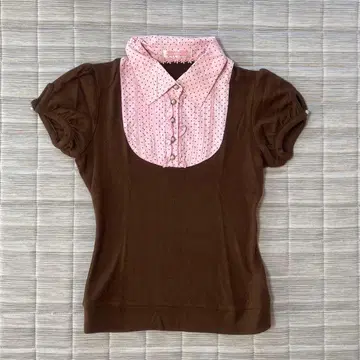 브라운 핑크 도트 반팔 니트